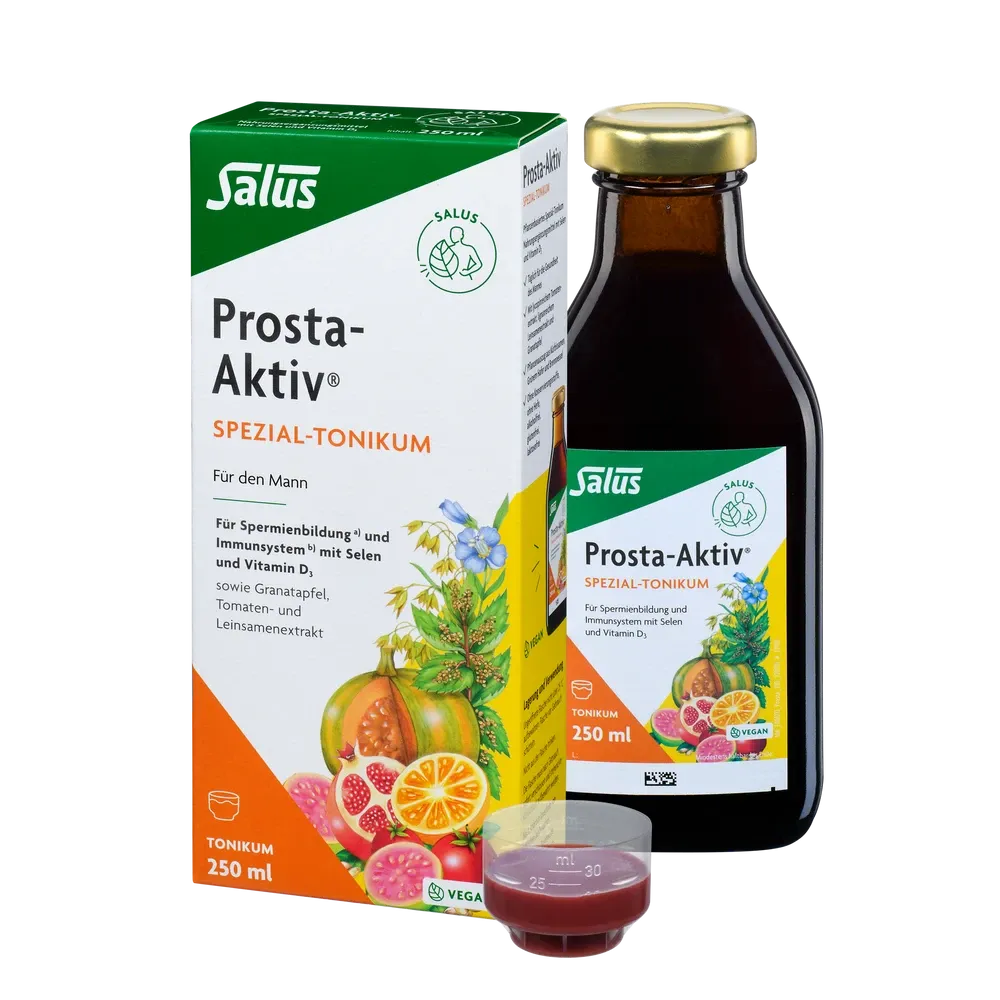 Prosta Aktiv Spezial-Tonikum von Salus 250 ml mit Verpackung und Dosierbecher