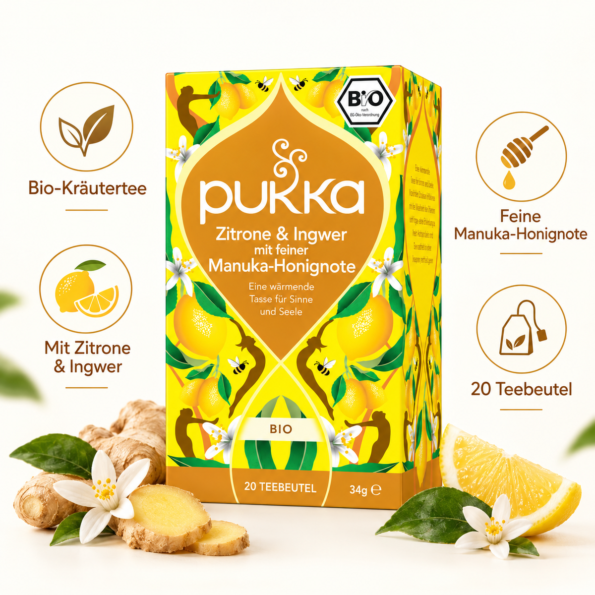 Pukka Bio-Kräutertee Zitrone & Ingwer mit Manuka-Honignote und Produktvorteilen
