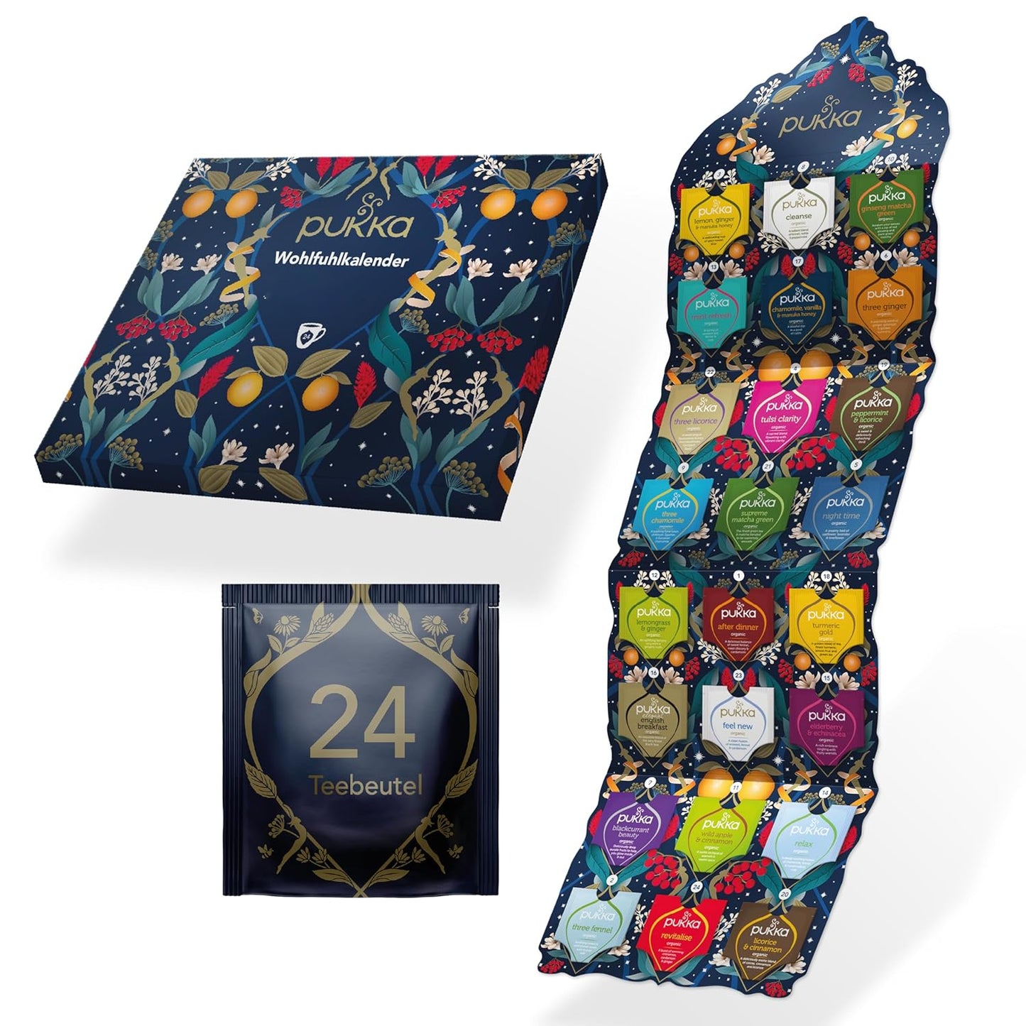 Pukka Tee Adventskalender Set mit Verpackung, geöffnetem Kalender und Teebeuteln