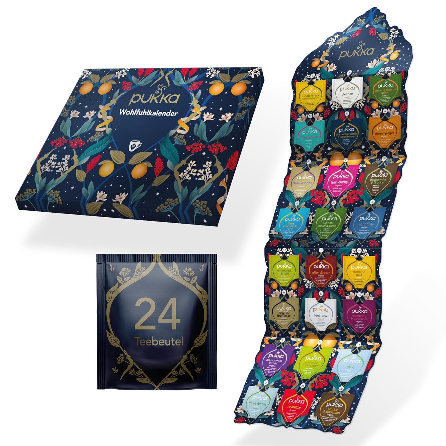 Pukka Tee Adventskalender Set mit Verpackung, geöffnetem Kalender und Teebeuteln