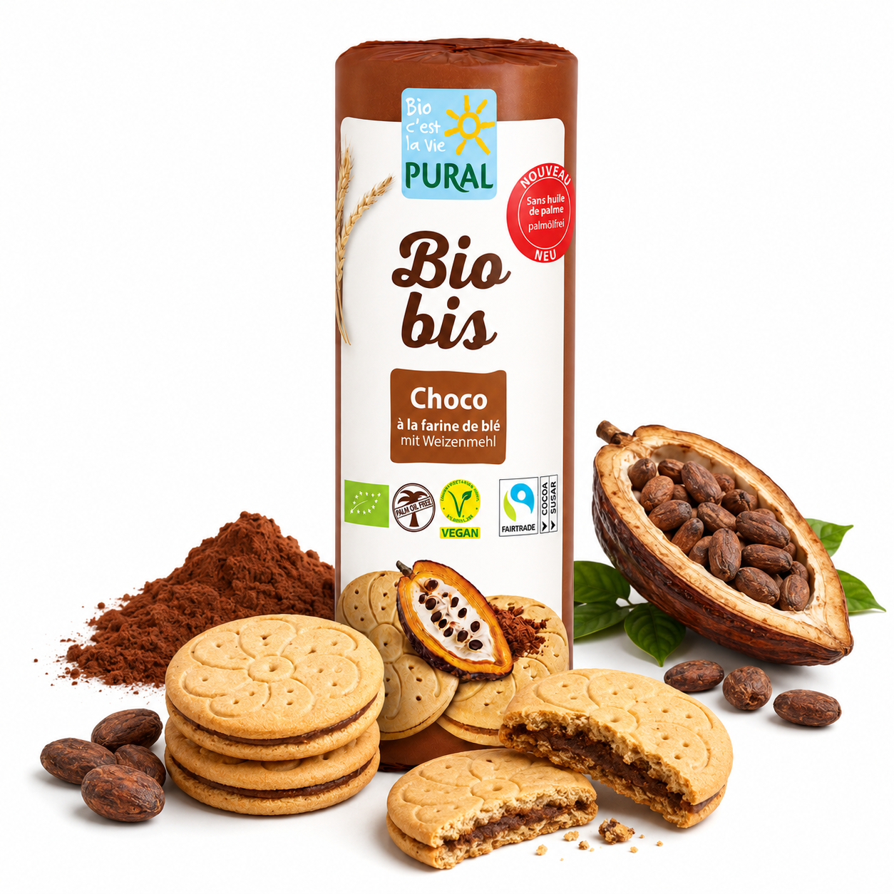 Pural Biobis Choco Doppelkekse mit Kakaocreme, Kakao und zylindrischer Produktverpackung