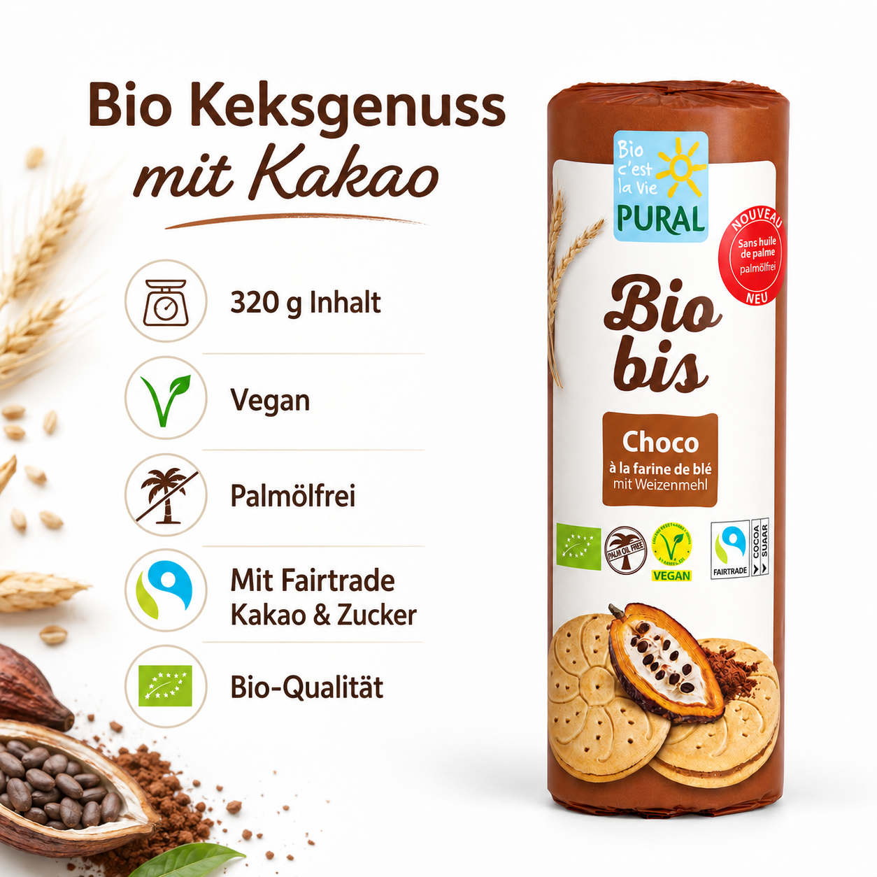 Pural Biobis Choco 320 g – vegan, palmölfrei, in Bio-Qualität und mit Fairtrade-Kakao und Zucker