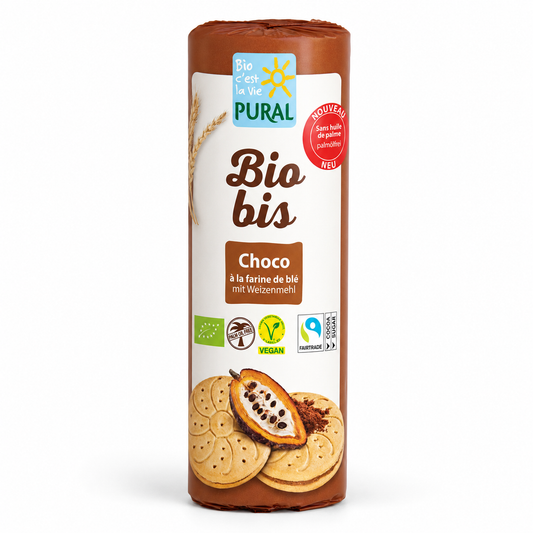 Pural Biobis Choco Weizen-Doppelkeks in zylindrischer 320-g-Rolle, vegan und palmölfrei