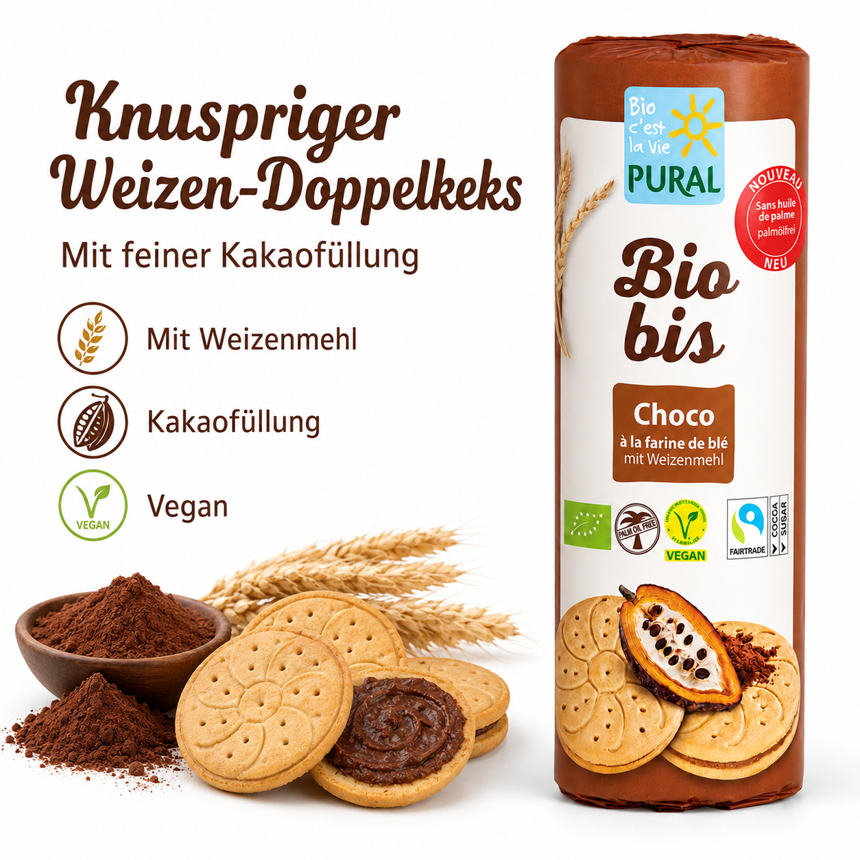 Pural Biobis Weizen-Doppelkeks mit Kakaofüllung, Weizenähren, Kakao und veganem Produkthinweis