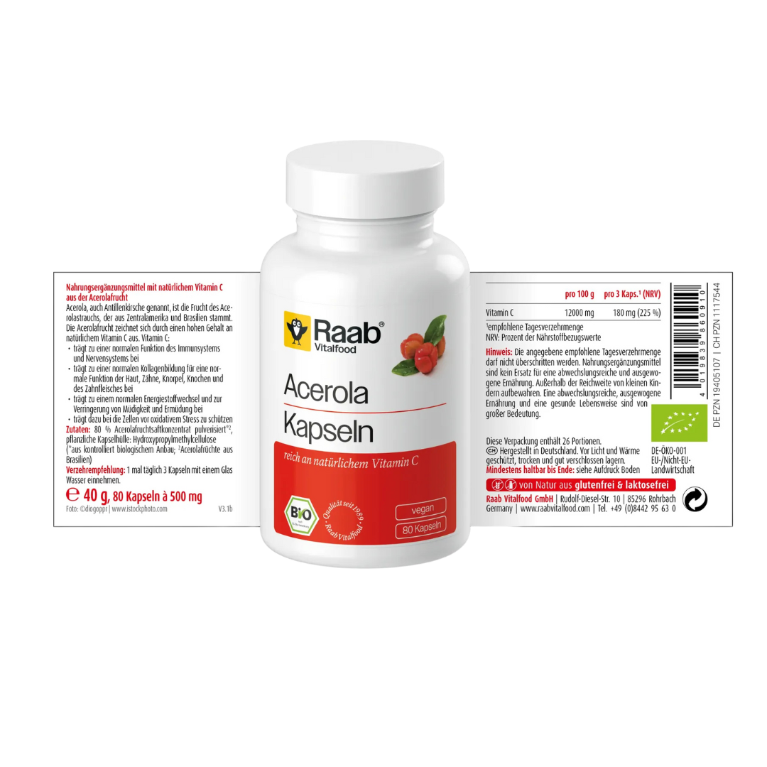 Raab Acerola Kapseln Bio – reich an Vitamin C, vegane Nahrungsergänzung 80 Stück