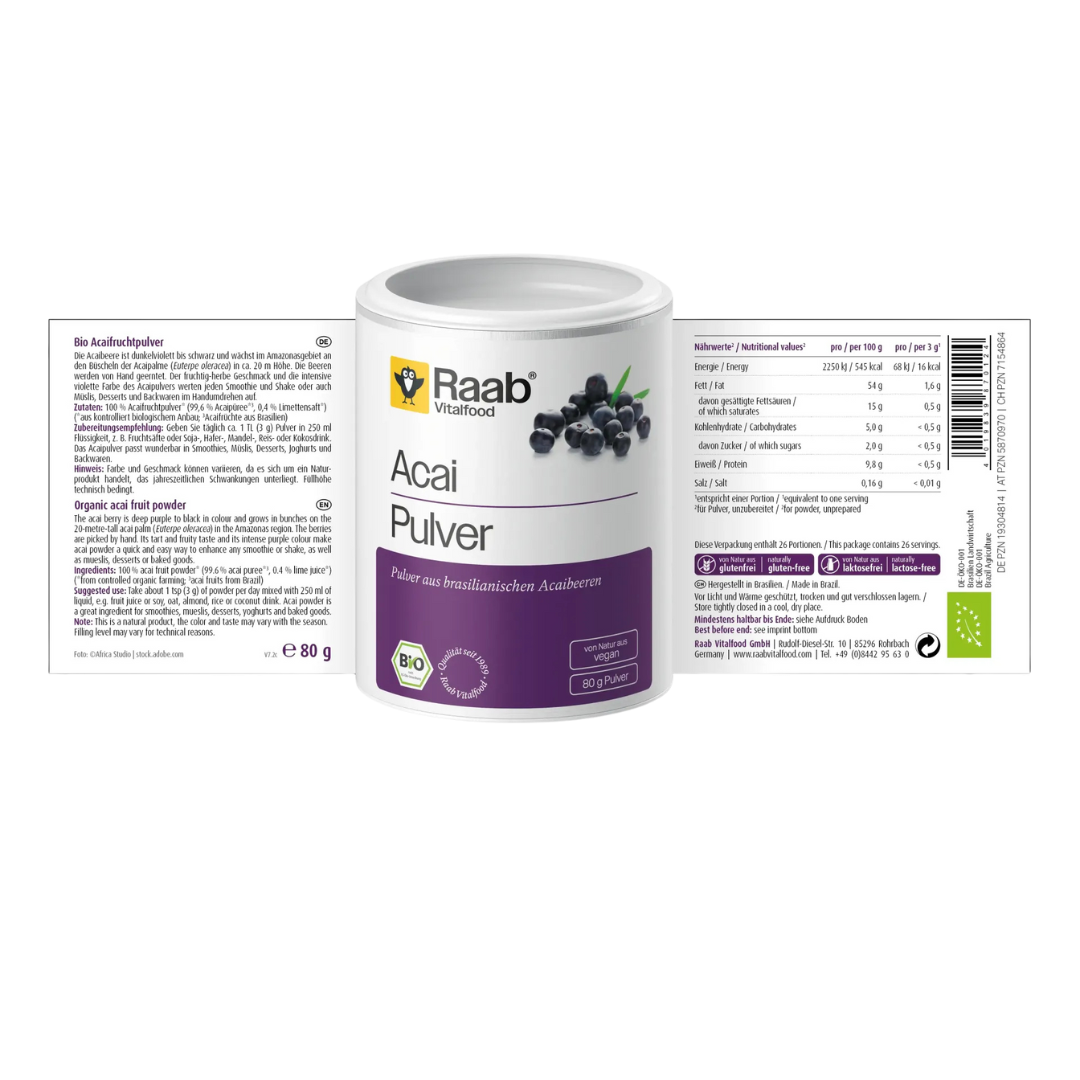 Raab BIO Acai Pulver 80g mit Etikett und Nährwertangaben auf der Verpackung