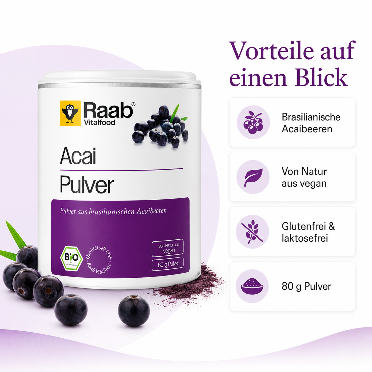 Raab Bio Acai Pulver 80 g mit Vorteilen vegan, glutenfrei und laktosefrei
