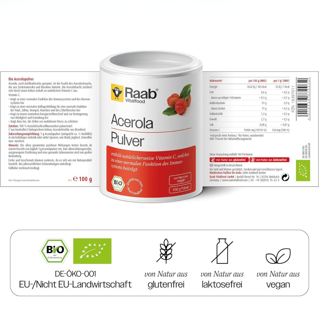 Raab BIO Acerola Pulver 100g – Nährwertangaben und Verpackung