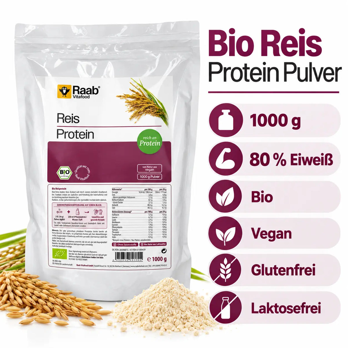 Raab Bio Reisprotein Pulver 1000 g mit 80 % Eiweiß. Infografik zeigt die Eigenschaften Bio, vegan, glutenfrei und laktosefrei.