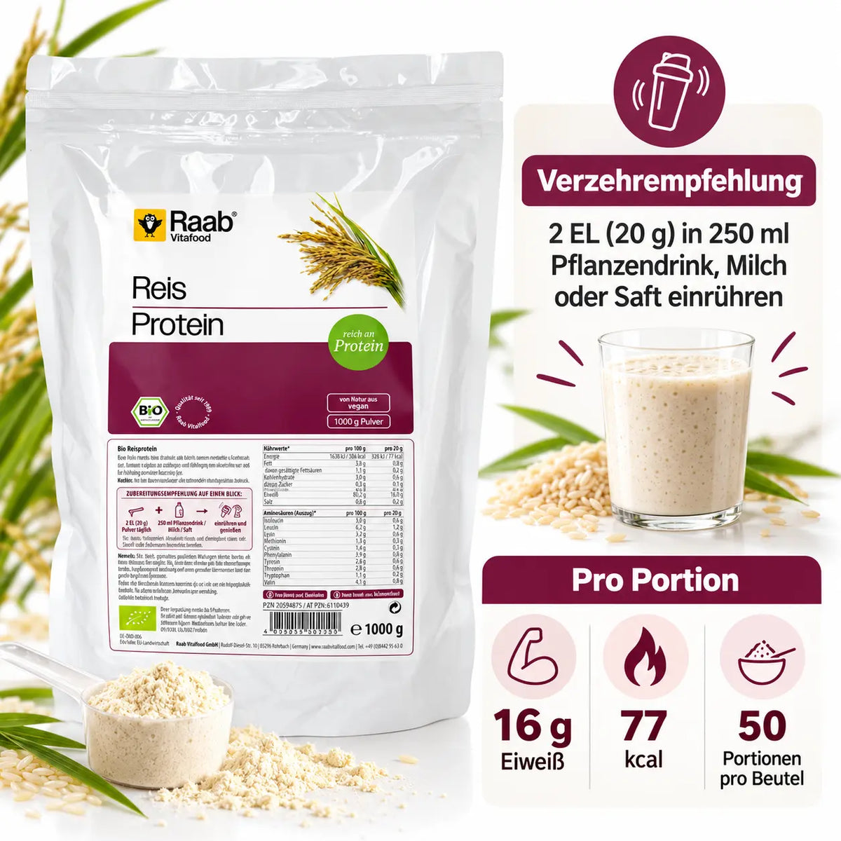 Zubereitung von Raab Bio Reisprotein mit 20 g Pulver und 250 ml Pflanzendrink, Milch oder Saft. Eine Portion liefert 16 g Eiweiß und 77 kcal.