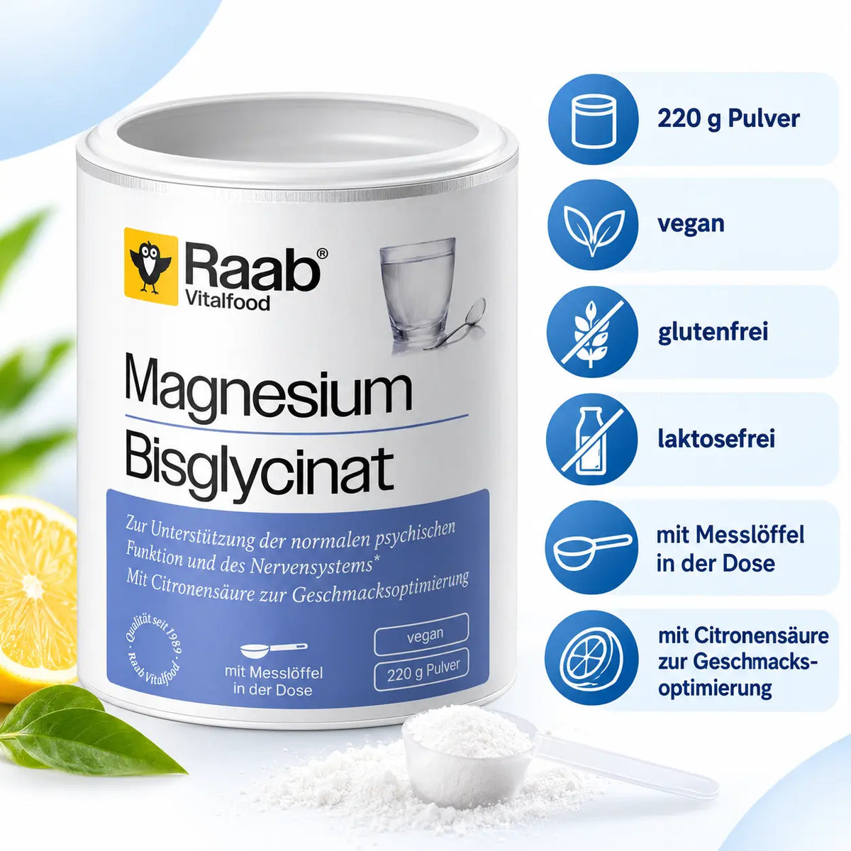 Raab Magnesiumbisglycinat Pulver 220 g – vegan, glutenfrei und laktosefrei mit Messlöffel