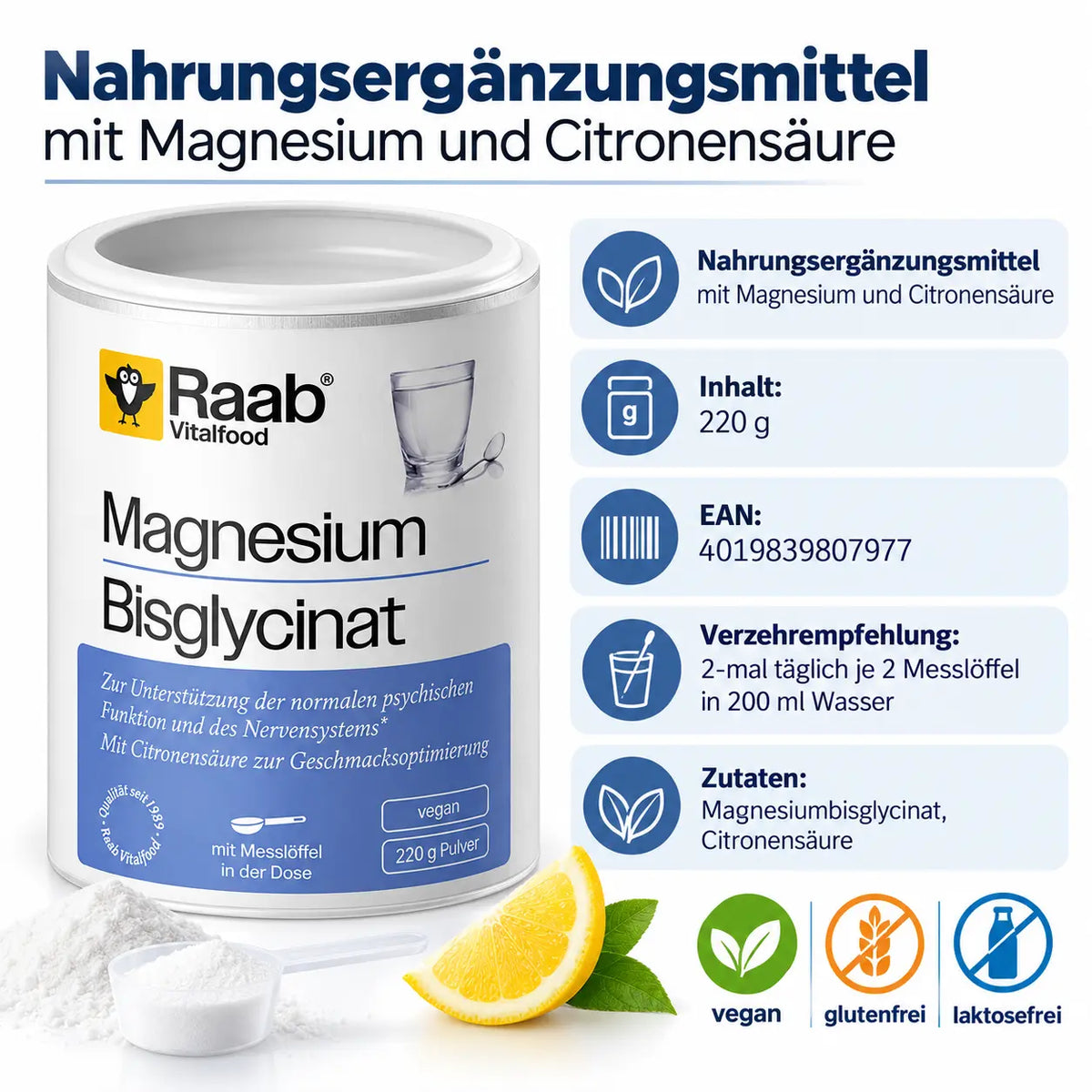 Raab Magnesiumbisglycinat 220 g – Nahrungsergänzungsmittel mit Magnesium und Citronensäure
