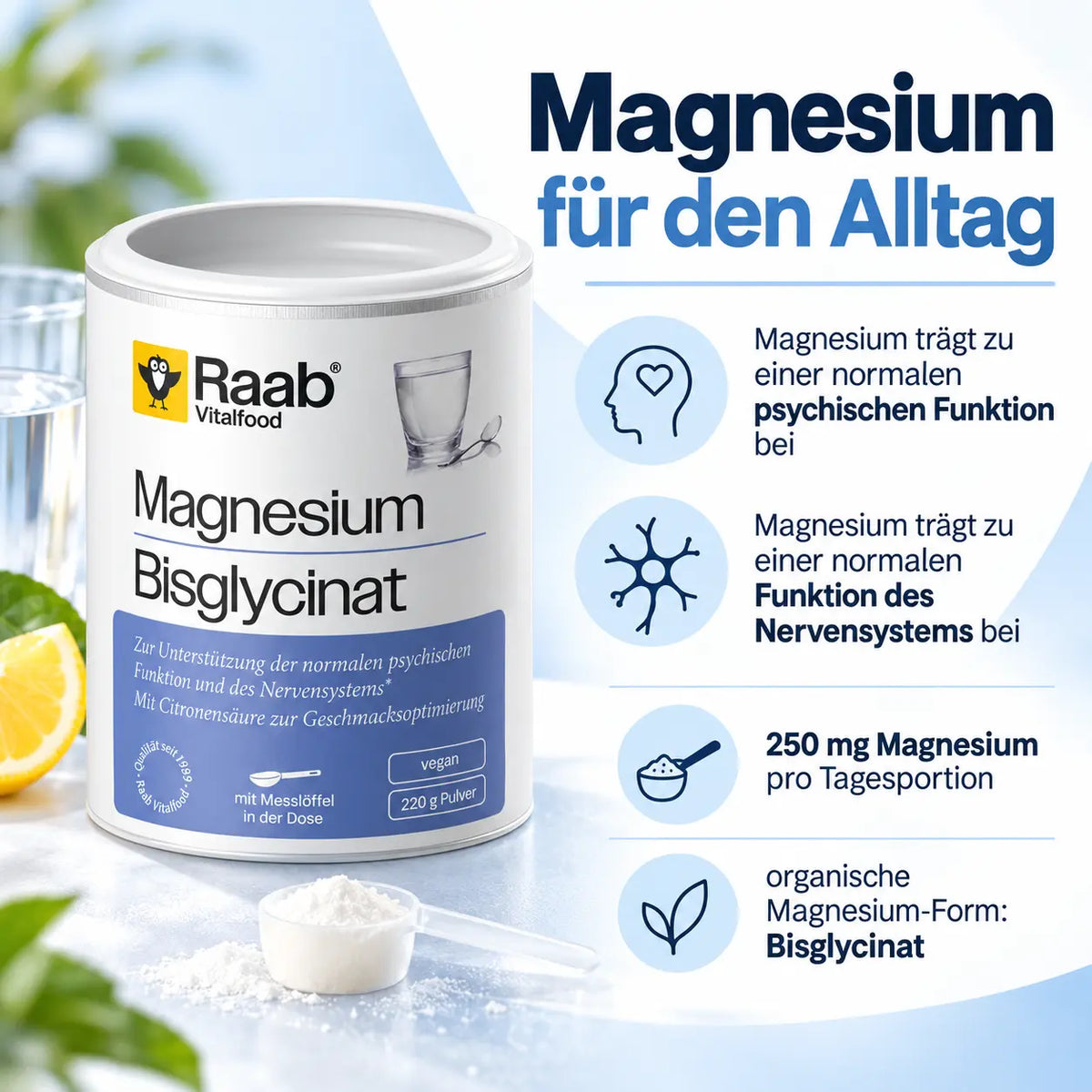 Raab Magnesiumbisglycinat mit 250 mg Magnesium pro Tagesportion für Nervensystem und psychische Funktion