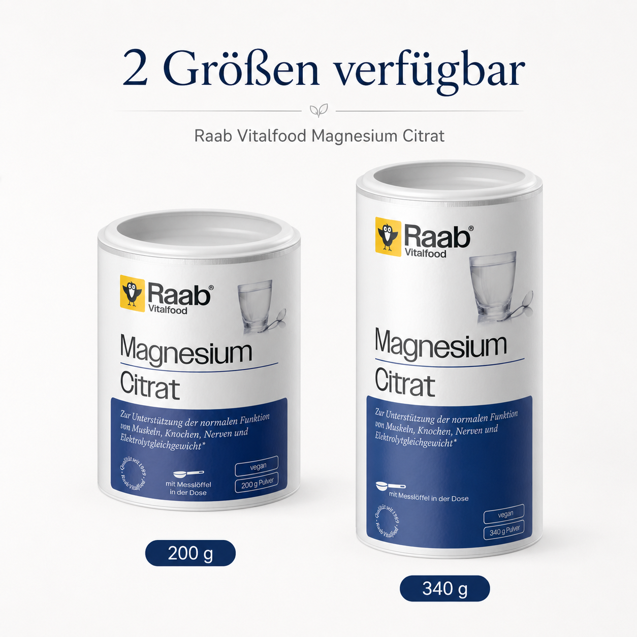 Raab Vitalfood Magnesium Citrat Pulver im Größenvergleich mit 200 g und 340 g Variante
