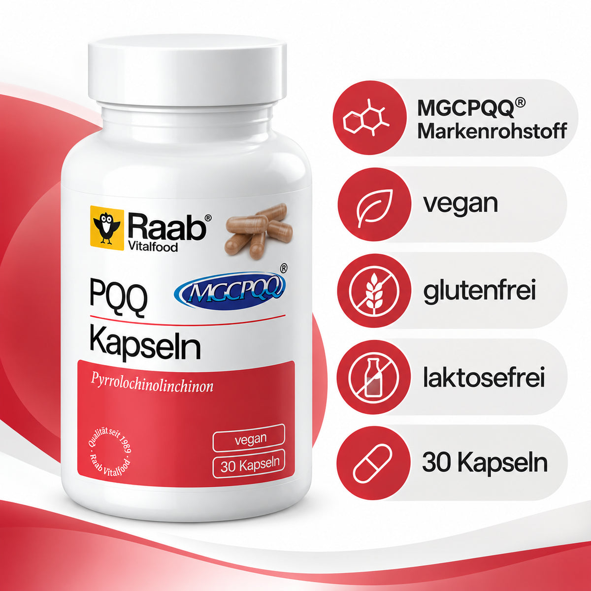 Raab PQQ Kapseln mit MGCPQQ, vegan, glutenfrei und laktosefrei