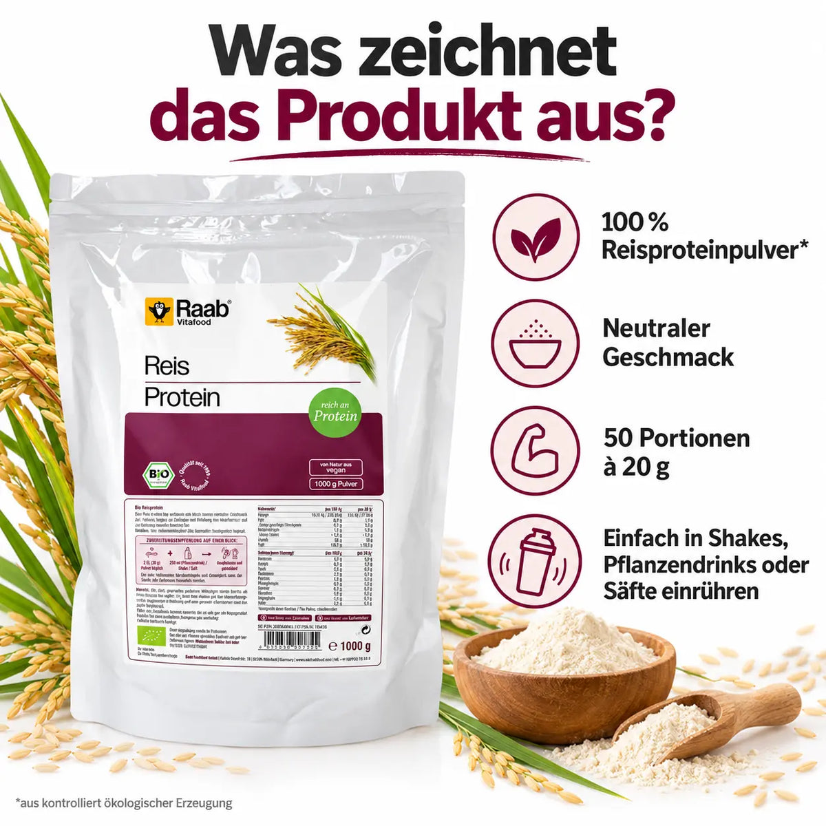 Raab Vitalfood Bio Reisprotein mit 100 % Reisproteinpulver aus ökologischer Erzeugung, neutralem Geschmack und 50 Portionen für Shakes und Smoothies.