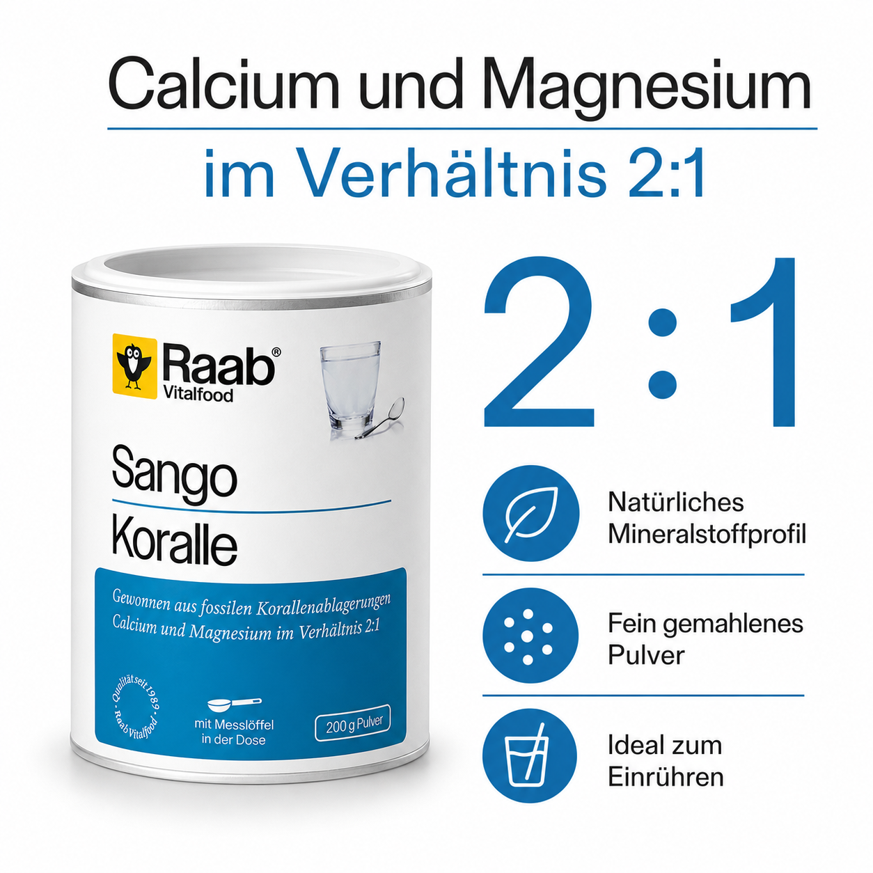 Calcium und Magnesium im Verhältnis 2 zu 1 in Raab Sango Koralle Pulver