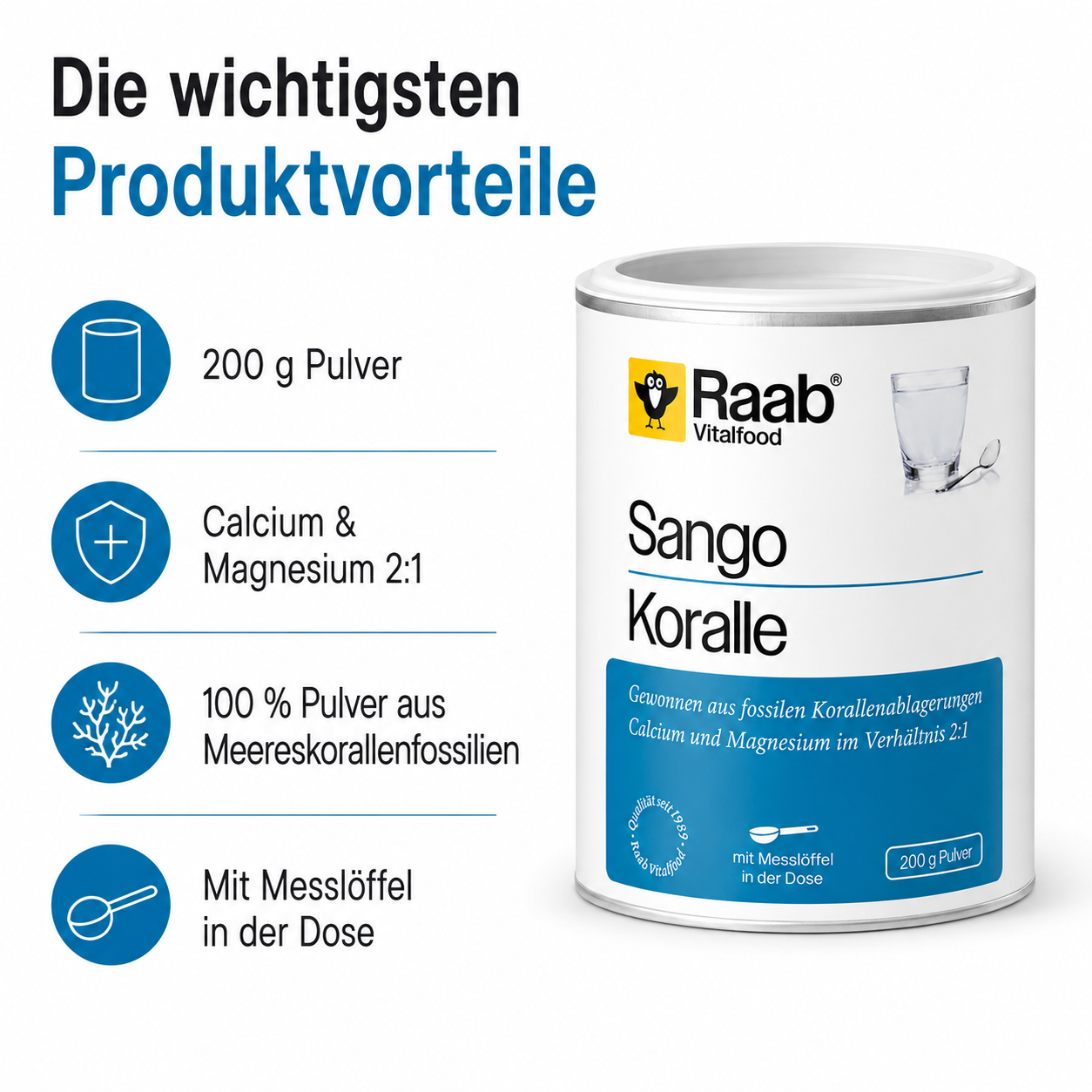 Produktvorteile von Raab Sango Koralle Pulver mit Calcium Magnesium 2 zu 1