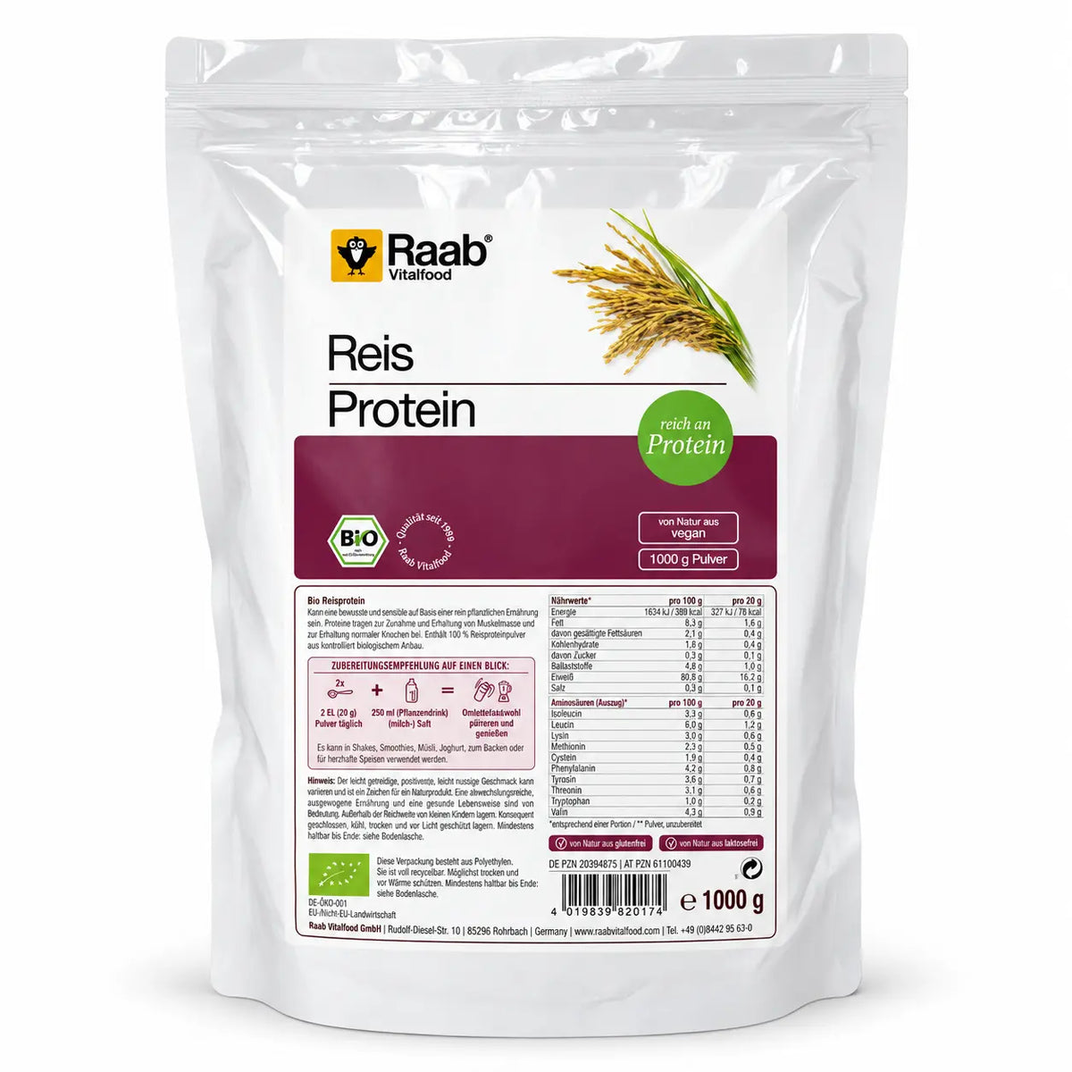 Raab Vitalfood Bio Reisprotein Pulver 1000 g im wiederverschließbaren Standbeutel, veganes pflanzliches Proteinpulver auf weißem Hintergrund.