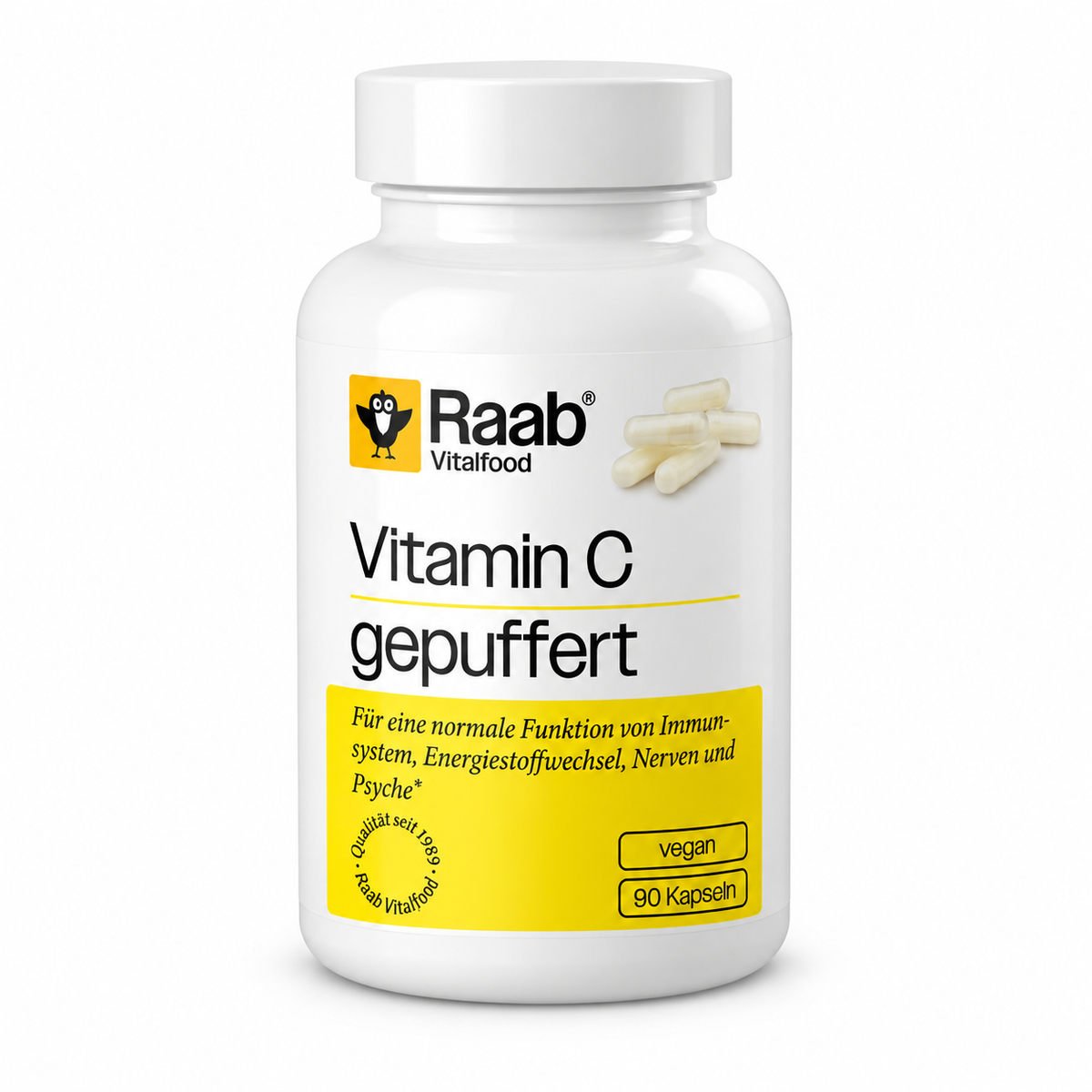 Raab Vitalfood Vitamin C gepuffert mit 90 veganen Kapseln – Nahrungsergänzungsmittel mit 500 mg Vitamin C pro Kapsel, Produktdose vor weißem Hintergrund.