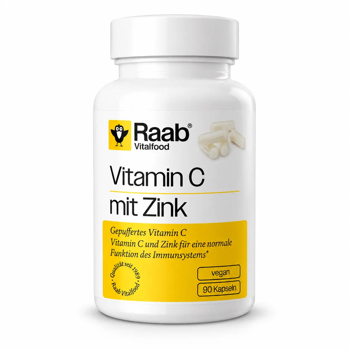 Raab Vitalfood Vitamin C mit Zink, 90 vegane Kapseln mit gepuffertem Vitamin C und Zinkbisglycinat, Nahrungsergänzungsmittel in weißer Dose.