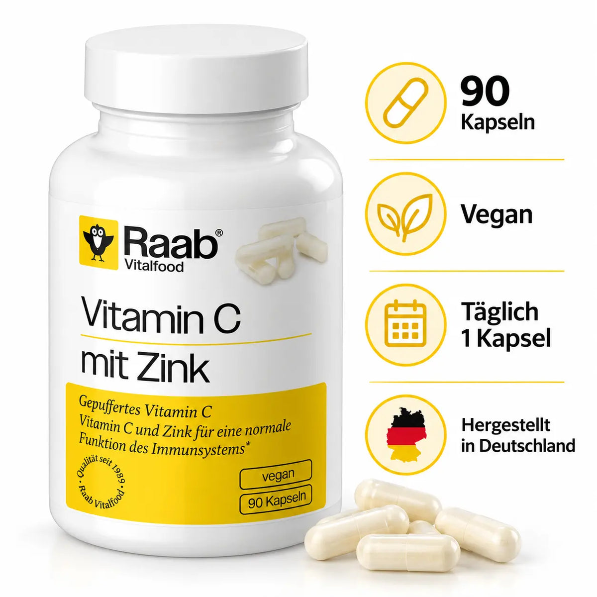 Raab Vitalfood Vitamin C mit Zink – 90 vegane Kapseln, hergestellt in Deutschland. Eine Kapsel täglich mit Wasser einnehmen.