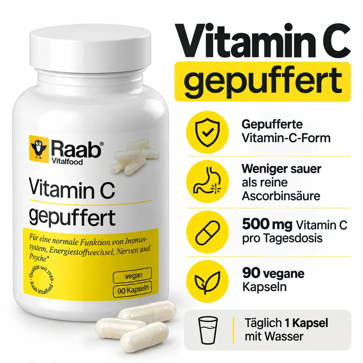 Raab Vitamin C gepuffert – Produktvorteile mit 500 mg Vitamin C pro Tagesdosis, weniger saurem Calciumascorbat, 90 veganen Kapseln und täglicher Einnahme.