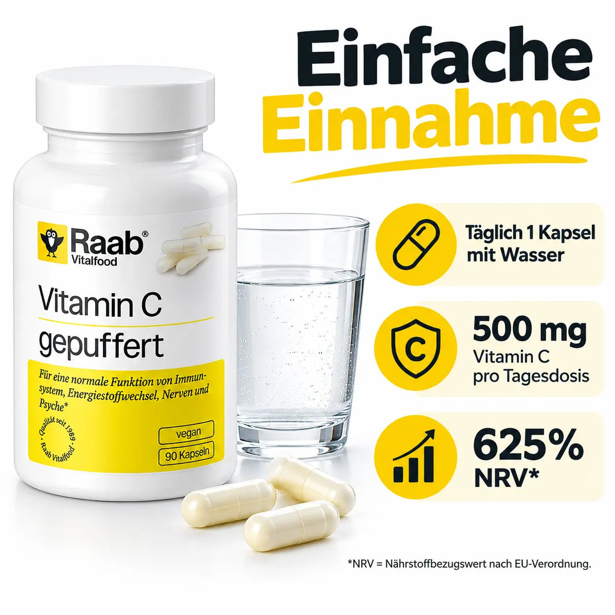 Raab Vitamin C gepuffert mit Wasserglas und Kapseln – Einnahmeempfehlung täglich eine Kapsel mit 500 mg Vitamin C, entsprechend 625 Prozent des Nährstoffbezugswertes.