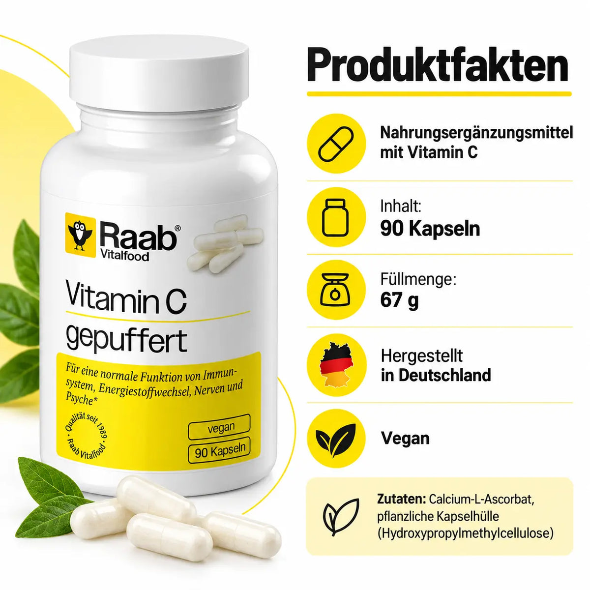 Raab Vitamin C gepuffert – Produktübersicht mit 90 veganen Kapseln, 67 g Füllmenge, Herstellung in Deutschland und Calcium-L-Ascorbat als Vitamin-C-Quelle.