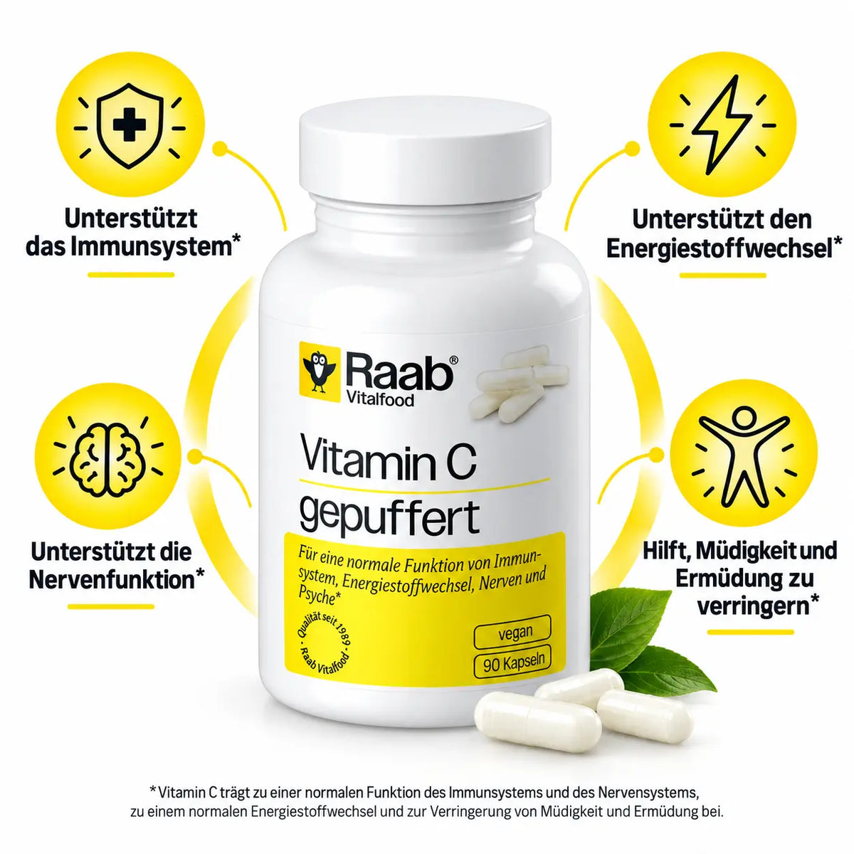 Raab Vitalfood Vitamin C mit vier Gesundheitsvorteilen – Vitamin C trägt zur normalen Funktion des Immunsystems und Nervensystems, zum Energiestoffwechsel und zur Verringerung von Müdigkeit bei.