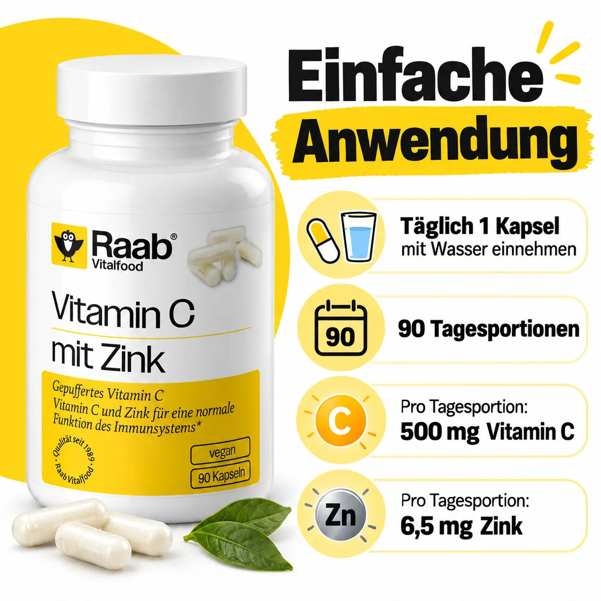 Raab Vitamin C mit Zink – täglich eine Kapsel mit 500 mg Vitamin C und 6,5 mg Zink einnehmen. Die Packung enthält 90 Kapseln für 90 Tagesportionen.