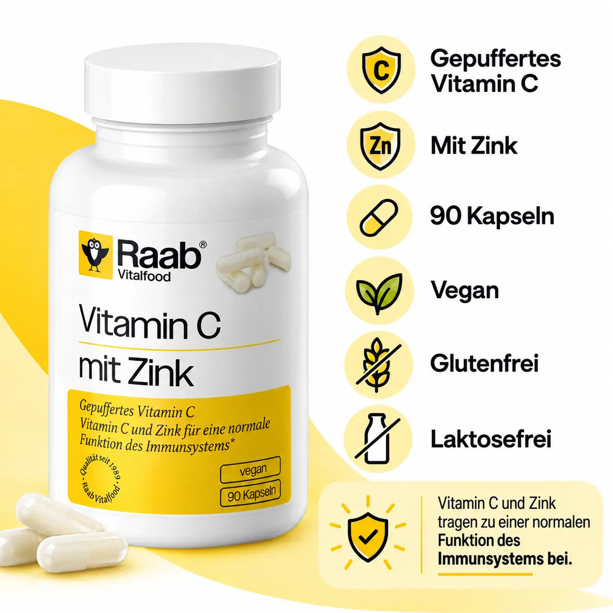 Raab Vitamin C mit Zink – 90 vegane Kapseln mit gepuffertem Vitamin C, glutenfrei und laktosefrei. Vitamin C und Zink unterstützen die normale Funktion des Immunsystems.