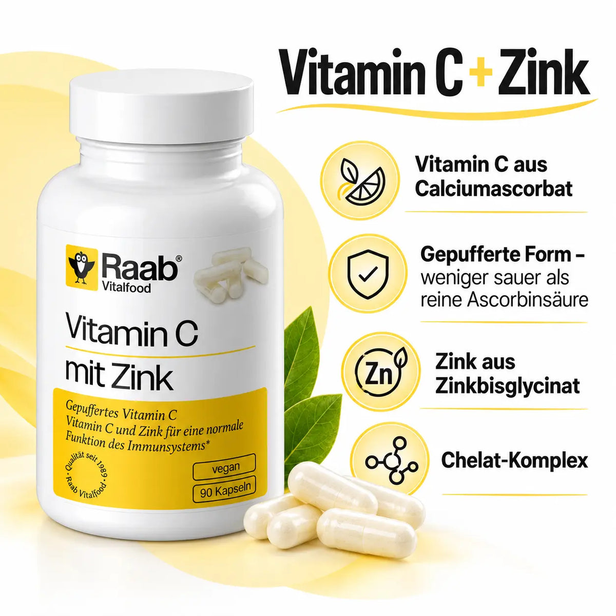 Raab Vitamin C mit Zink mit Calciumascorbat und Zinkbisglycinat. Gepuffertes Vitamin C ist weniger sauer als reine Ascorbinsäure. Mit Zink im Chelat-Komplex.