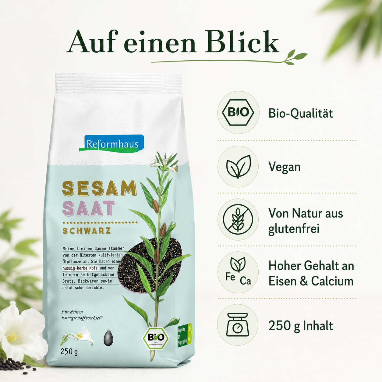 Reformhaus Bio Sesamsaat schwarz 250 g, vegan, von Natur aus glutenfrei und mit Eisen und Calcium