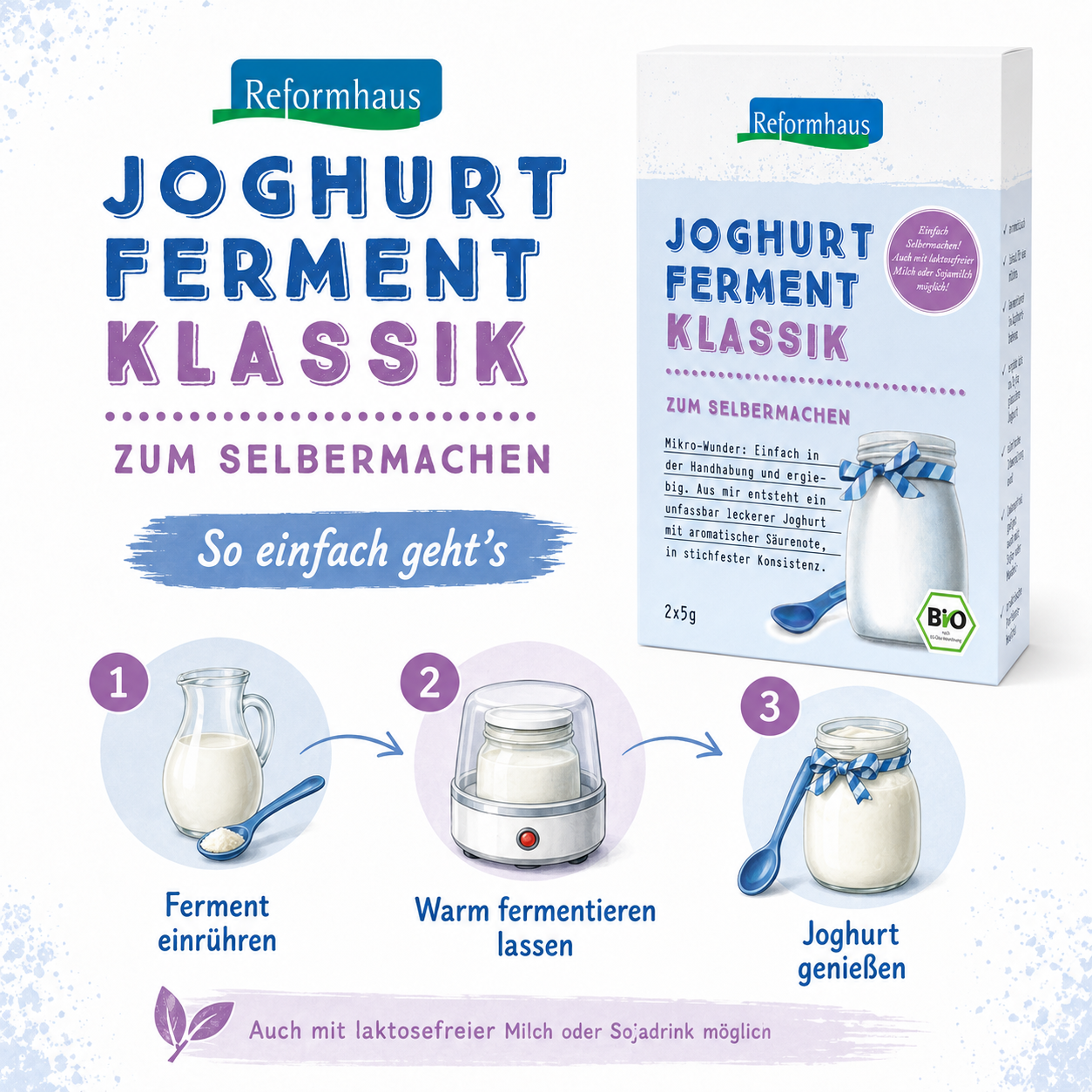 Anwendung von Reformhaus Joghurt-Ferment klassik bio: Ferment einrühren, warm fermentieren lassen und Joghurt genießen
