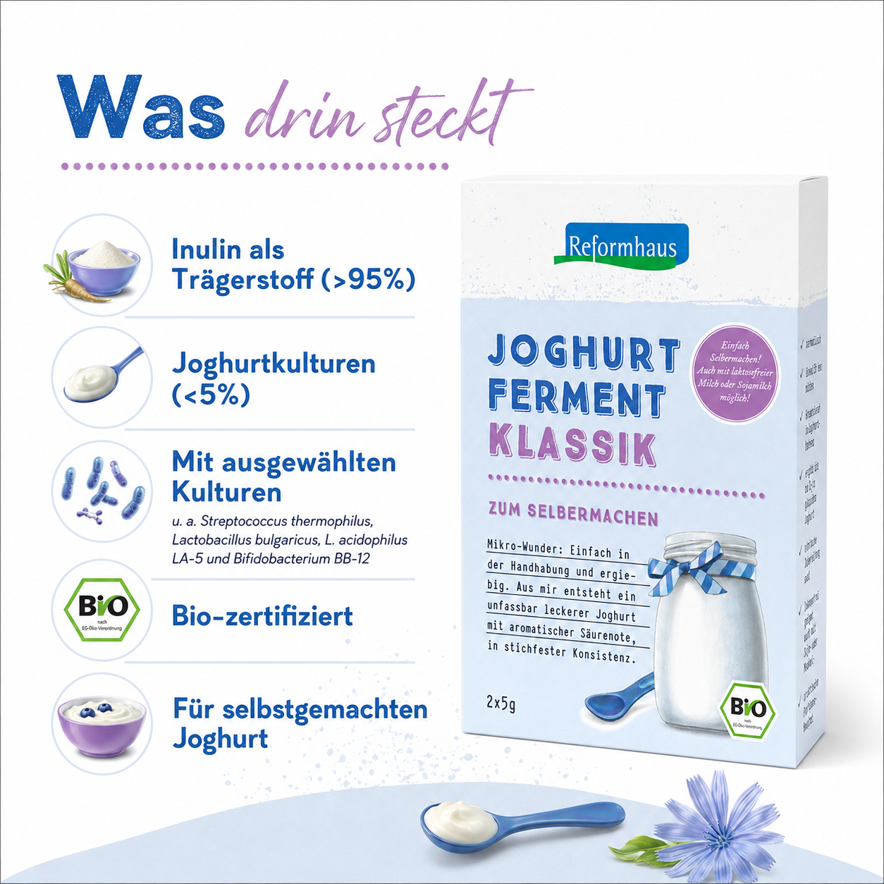 Inhaltsstoffe von Reformhaus Joghurt-Ferment klassik bio mit Inulin als Trägerstoff und ausgewählten Joghurtkulturen