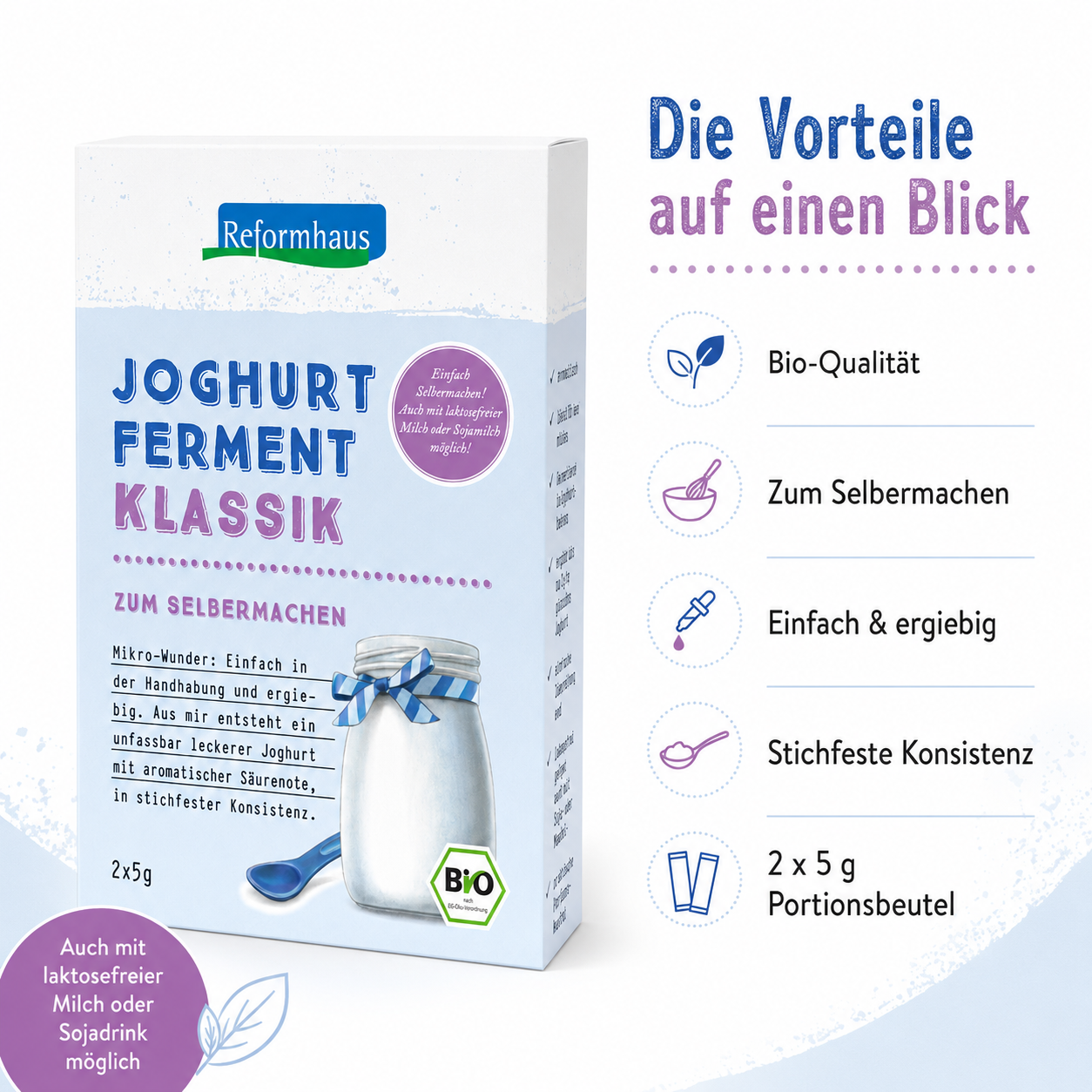 Vorteile von Reformhaus Joghurt-Ferment klassik bio mit Bio-Qualität, einfacher Anwendung und 2 x 5 g Portionsbeuteln