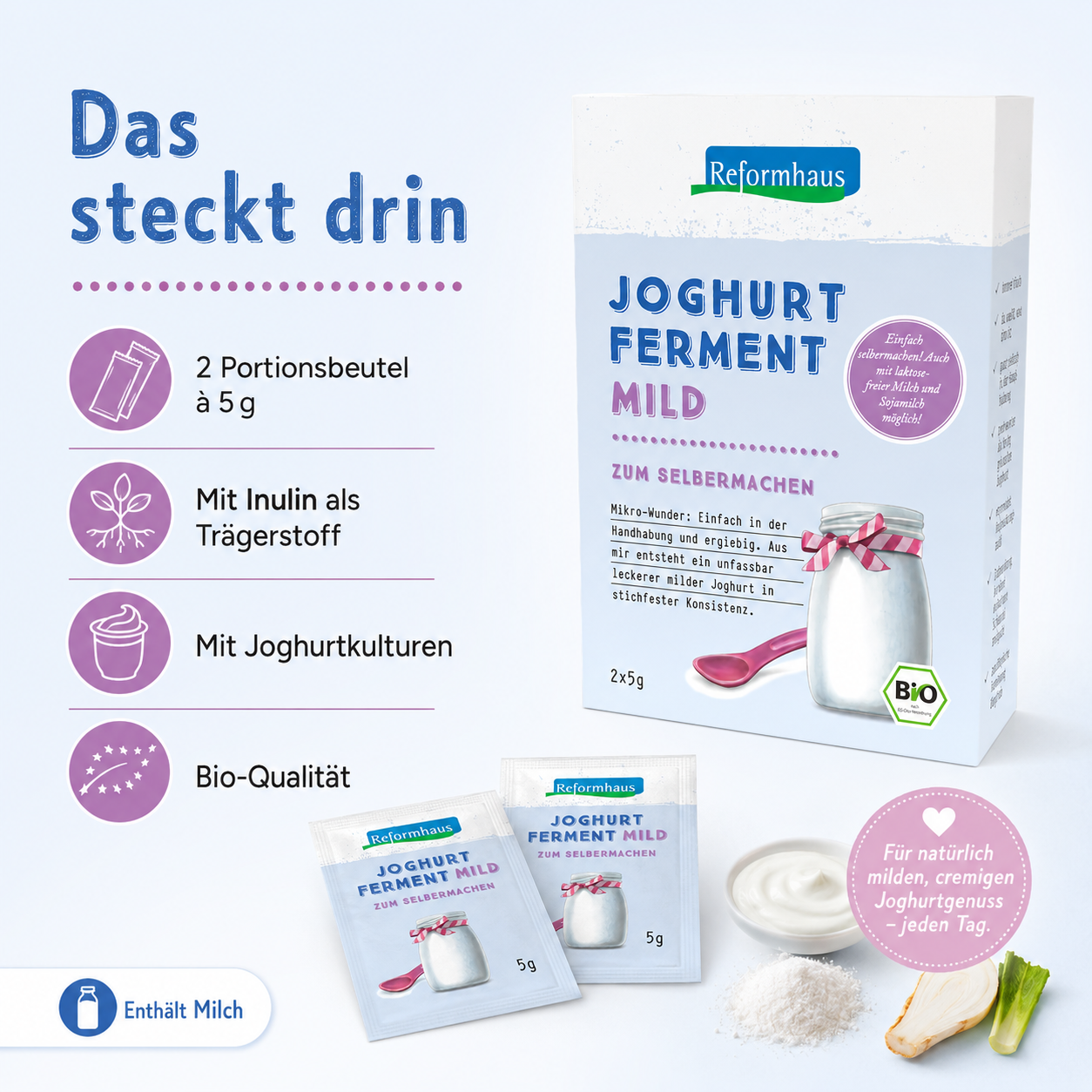 Reformhaus Joghurt Ferment Mild bio Inhalt mit 2 Portionsbeuteln à 5g Inulin als Trägerstoff und Joghurtkulturen