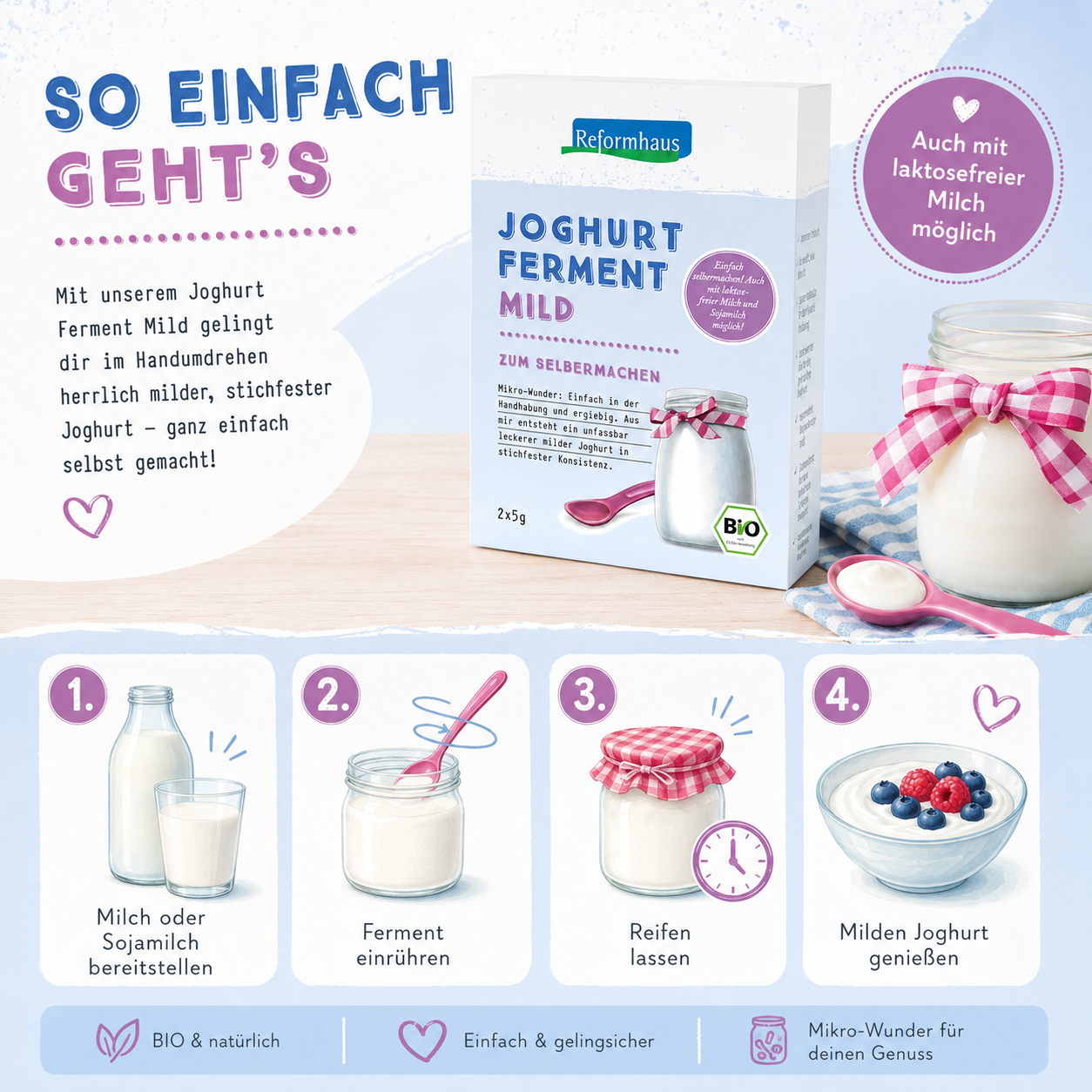 Anleitung für Reformhaus Joghurt Ferment Mild bio Milch oder Sojamilch bereitstellen Ferment einrühren reifen lassen genießen