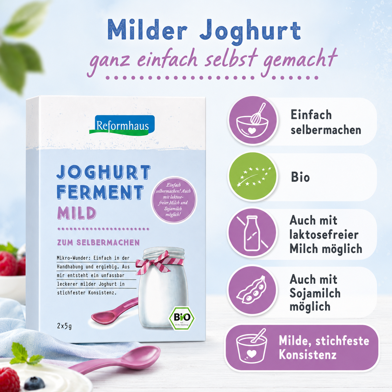 Reformhaus Joghurt Ferment Mild bio mit Vorteilen einfach selbermachen Bio auch mit laktosefreier Milch und Sojamilch möglich