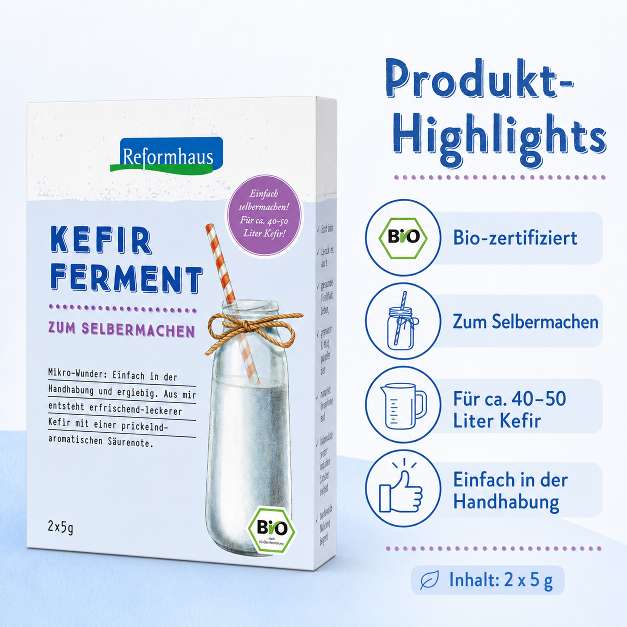 Reformhaus Kefir Ferment mild bio mit Bio-Zertifizierung, einfacher Anwendung und Inhalt 2 x 5 g