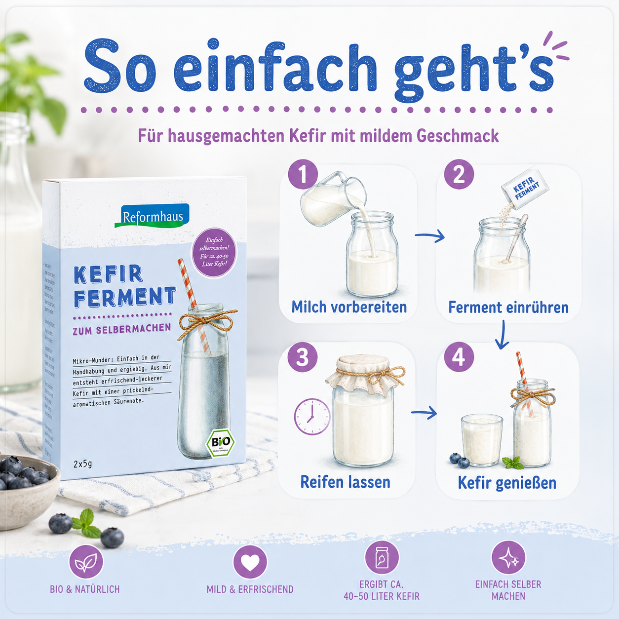 Reformhaus Kefir Ferment mild bio zum Selbermachen von mildem Kefir mit Milch und Fermentkulturen