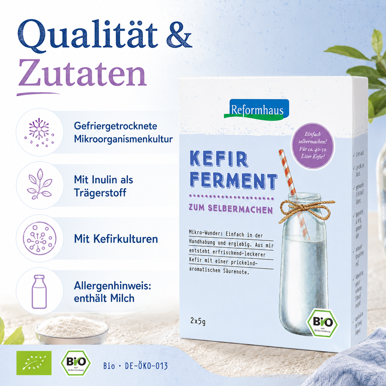 Zutaten und Qualitätsmerkmale von Reformhaus Kefir Ferment mild bio mit Inulin, Kefirkulturen und Milchhinweis