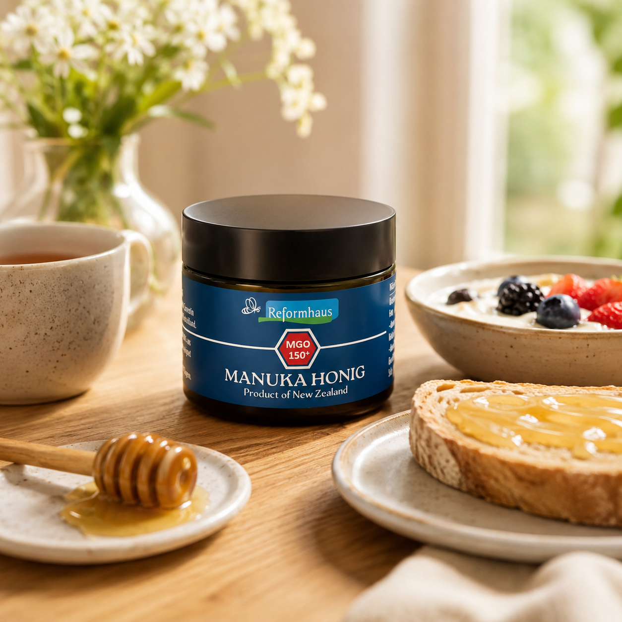Reformhaus Manuka Honig MGO 150+ beim Frühstück mit Tee, Brot, Joghurt und Honiglöffel