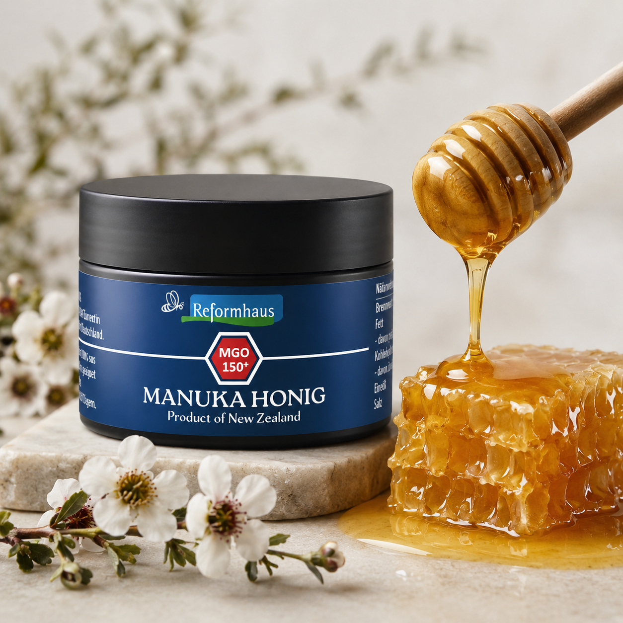 Nahaufnahme von Reformhaus Manuka Honig MGO 150+ mit fließendem Honig, Honigwabe und Manuka-Blüten