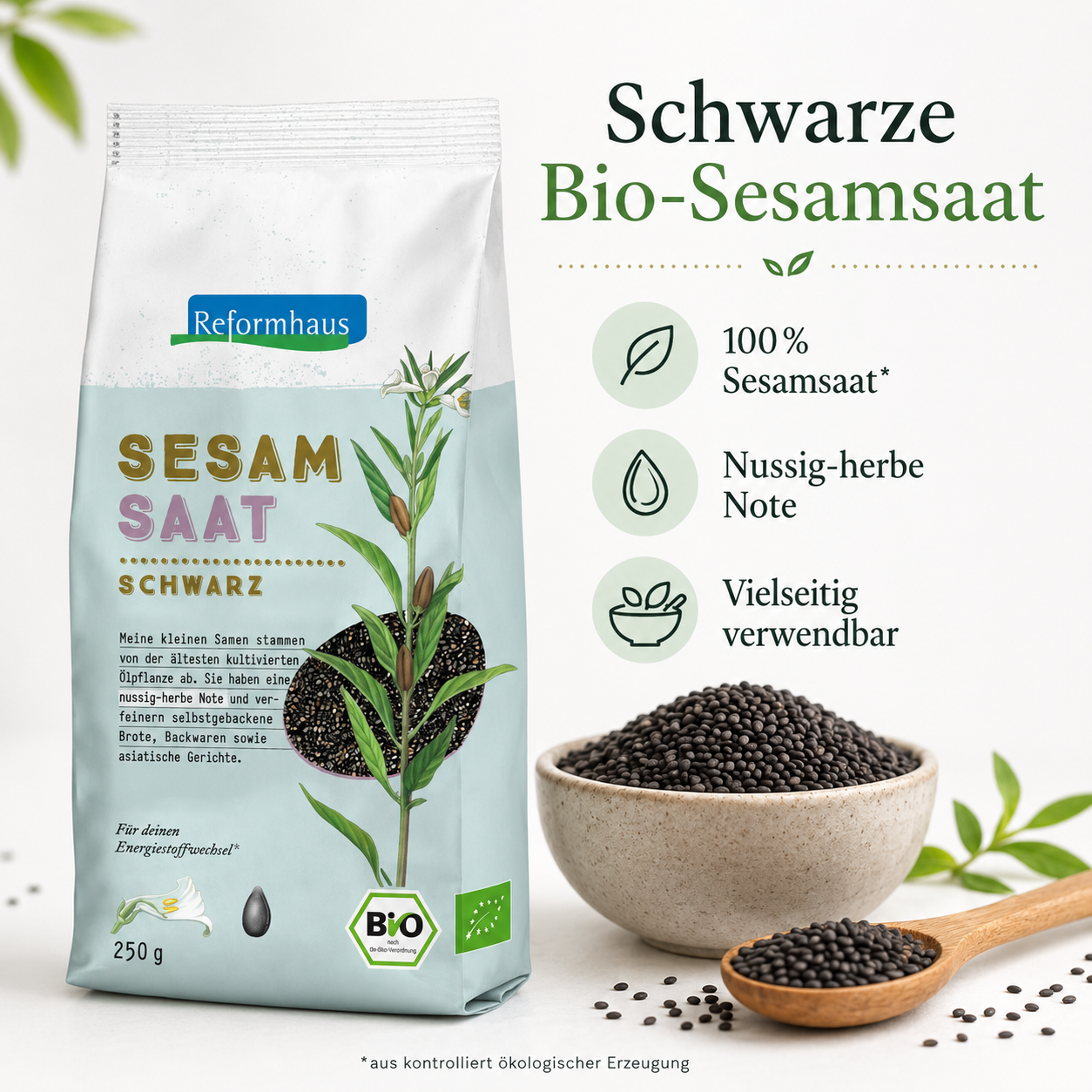 Schwarze Bio-Sesamsaat von Reformhaus mit 100 Prozent Sesamsaat, nussig-herber Note und vielseitiger Verwendung