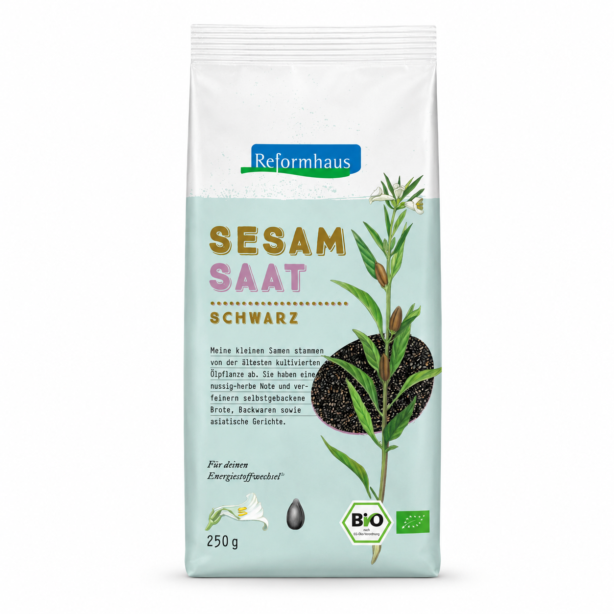 Reformhaus Sesamsaat schwarz Bio 250 g, schwarze Sesamkörner mit nussig-herber Note für Brot, Backwaren und asiatische Gerichte.
