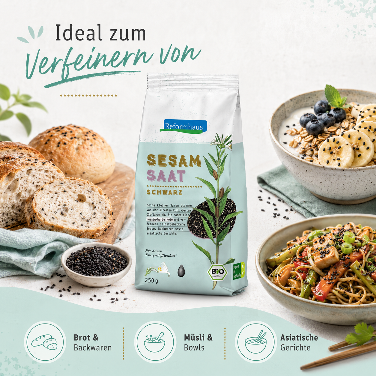 Reformhaus schwarze Sesamsaat Bio 250 g zum Verfeinern von Brot, Müsli, Bowls und asiatischen Gerichten