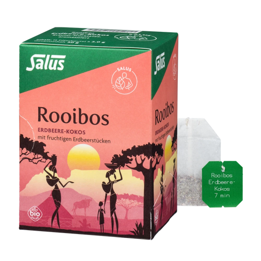 Salus Rooibos Erdbeere-Kokos Tee Bio – Produktverpackung mit losem Teebeutel