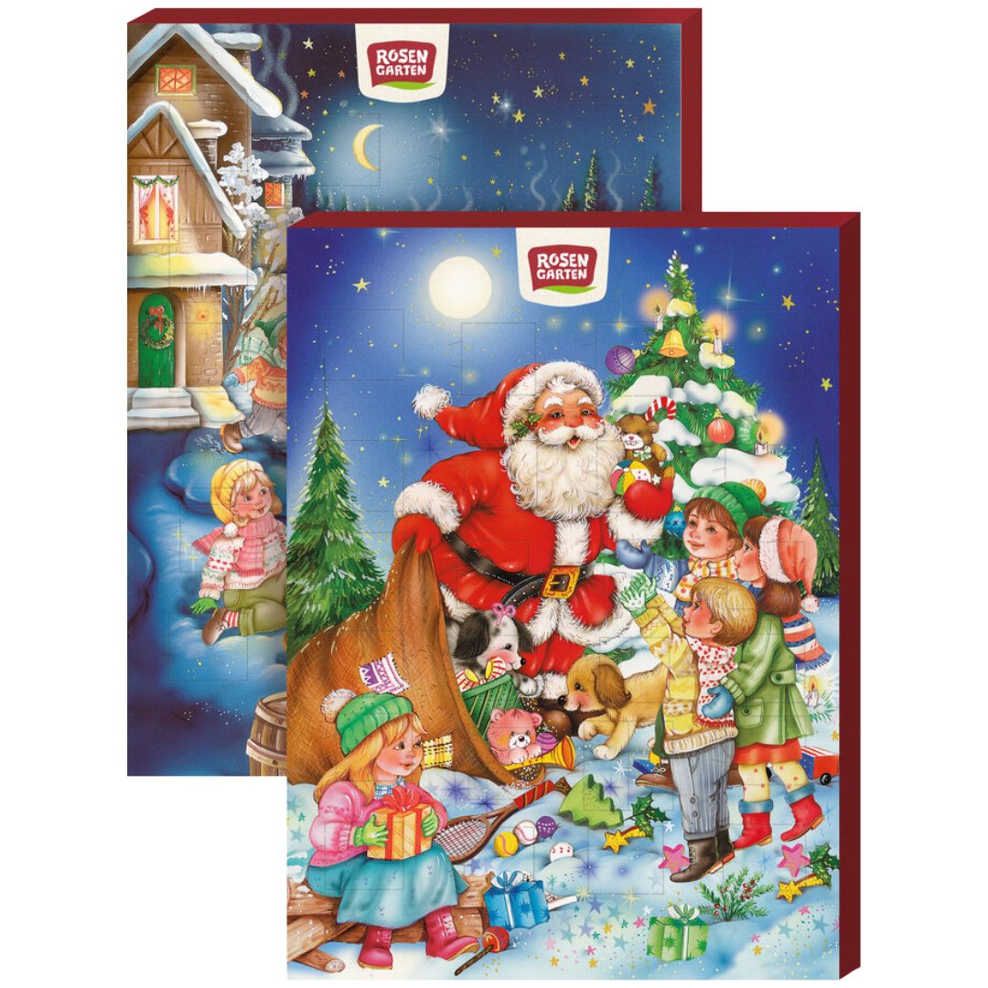 Rosengarten Schoko Adventskalender aus Bio Vollmilchschokolade mit nostalgischem Weihnachtsmotiv